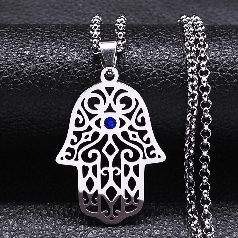 Vintage Arabic Hamsa Hand Pendant Necklace Stainless Steel Chain Hand of Fatima Choker Amulet Necklaces Islam Woman Jewelry Gift
