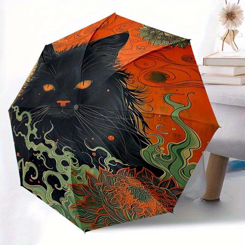 1pc Black Cat's Journey Automatic Umbrella Design, Cute Cartoon Pattern, Portable Outdoor Umbrella, Perfect Y007