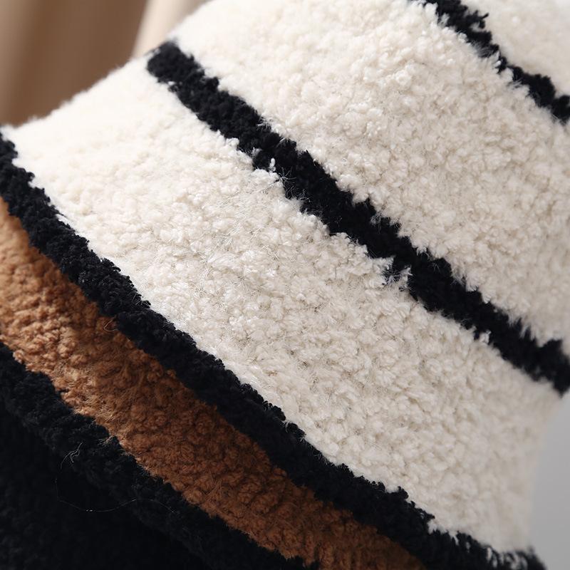 Lamb Wool Contrasting Color Striped Knitted Bucket Hat Women's Autumn and Winter Fashion Show Face Small Warm Fisherman Hat