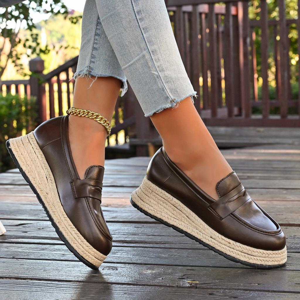 Women's Penny Loafers Brown Leather Thick-soled Straw Woven Shoes Fashion Platform Wedges Heels Female Casual Slip-on High Heels