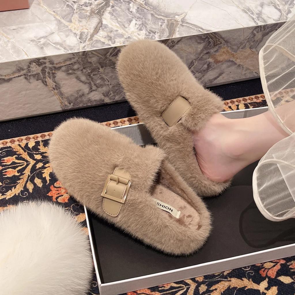 Wearing Hairy Slippers for Women In The Autumn Winter of 2025, New Comfortable and Warm Belt Buckle Cotton Mop with Toe Cover