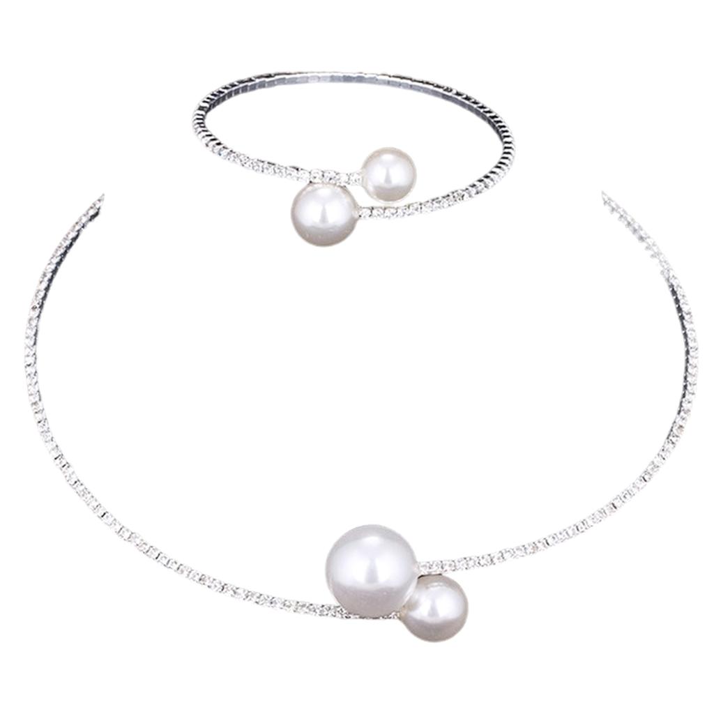 Wedding Necklace and Bangle Set Imitation Pearl Decor Full Rhinestones Jewelry for Ladies and Mother Decoration