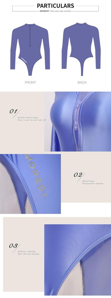 Solara Collection Skinny Long Sleeve Solid Color Spandex Ultra High Leg Swimsuit Bodysuit Water Blue [AMORESY] T-Back (023) (XXXL, Green)