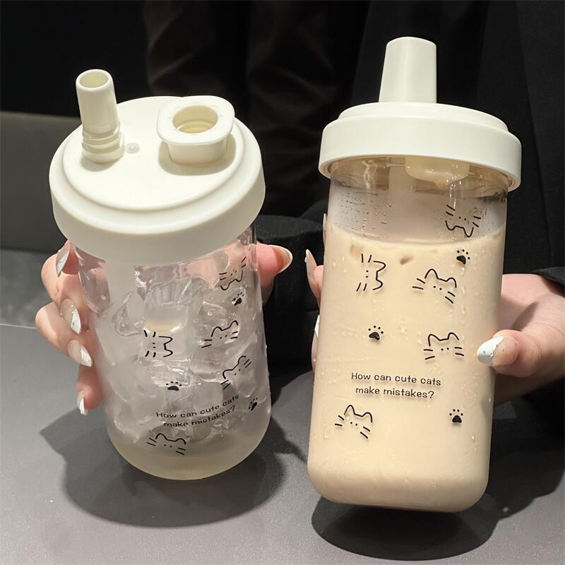 New Plastic Water Bottle For Girls With Straw Lid Bubble Milk Tea Plastic Cup Simple Outdoor School Straw Drinking Water Bottles