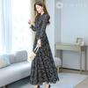 Long Chiffon Dress for Small Floral Puff Bow Tie High Black [J-Scott] Women, Print, Sleeves, Ribbon, Waist, A-Line, JS08-BK-2XL
