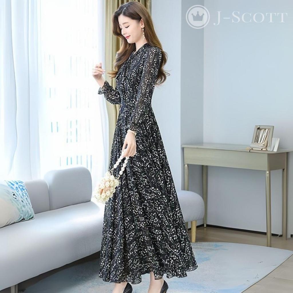 Long Chiffon Dress for Small Floral Puff Bow Tie High Black [J-Scott] Women, Print, Sleeves, Ribbon, Waist, A-Line, JS08-BK-2XL