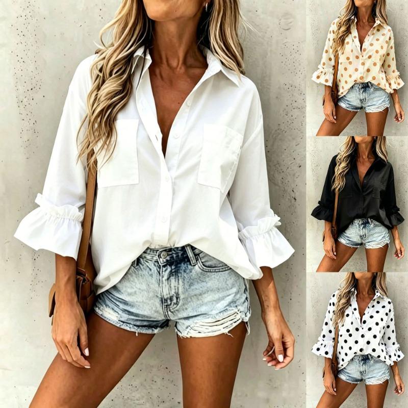Women Loose Polka Dot Ruffle Sleeve Casual Button Down Shirt