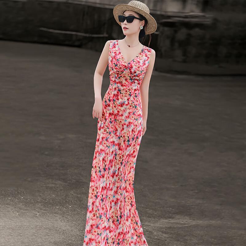 French Elegant Printed V-Neck Sleeveless Tie-Waist Midi Dress S