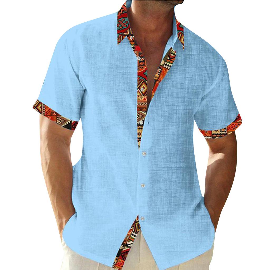 Men's Printed Stitching Design Short Sleeve Button Shirt Men's Casual Fashion Shirt