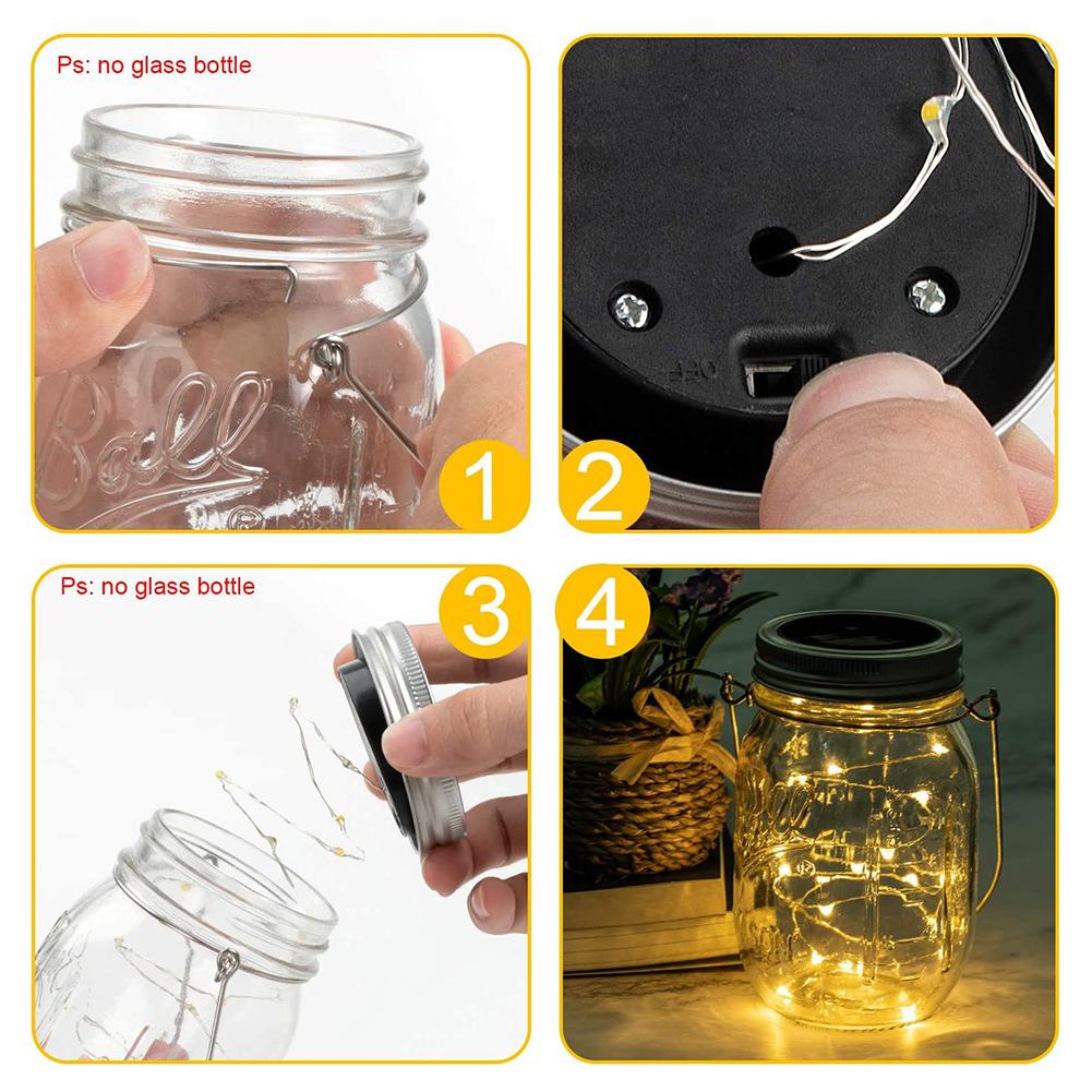 Solar Glass Jar Lid Lights 20 LED Fairy String Lights 6 Pcs Lid Lights with 6 Pcs Hangers for Outdoor Decoration No Jars