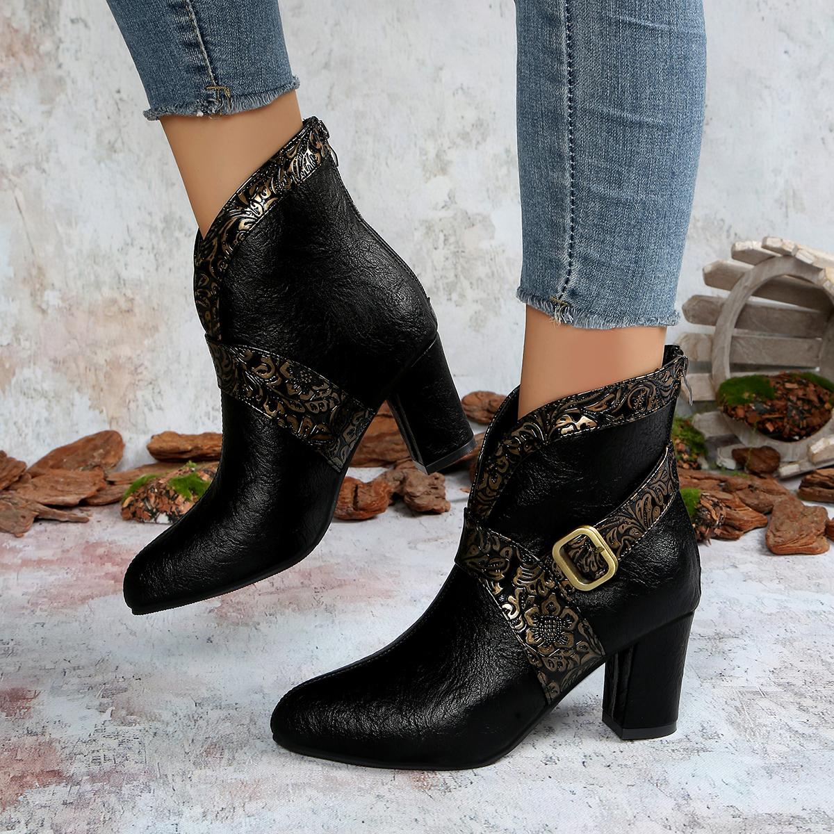 

Retro Pointed Toe High Heel Black Ankle Boots Women 2025 Winter Metal Buckle Designer Chelsea Boots Woman s Shoes Plus Size 45 45