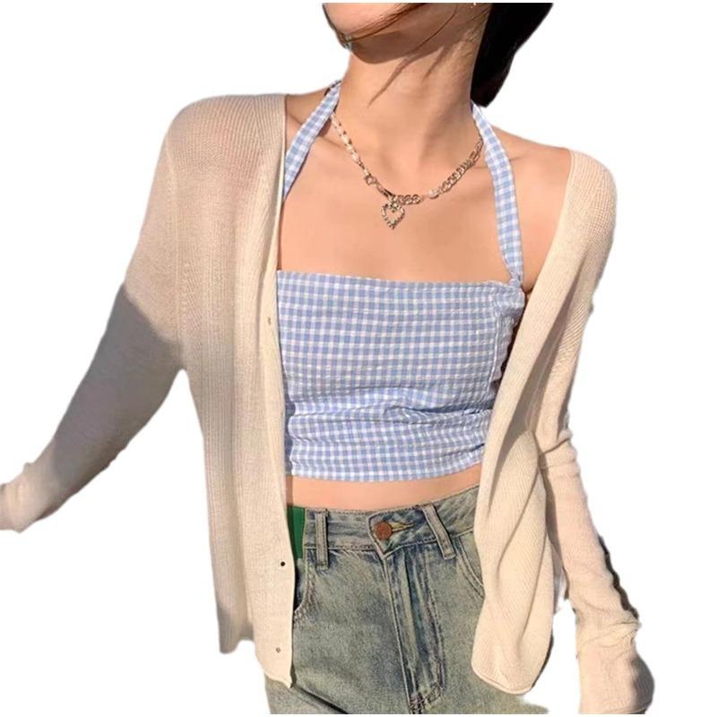 Mode V-Ausschnitt Sonnenschutz Strickjacke Dünne Damen Eisseide Strickjacke Sommer Locker Bluse Neu Lässig Einfach Kurztop Klimatisches Hemd