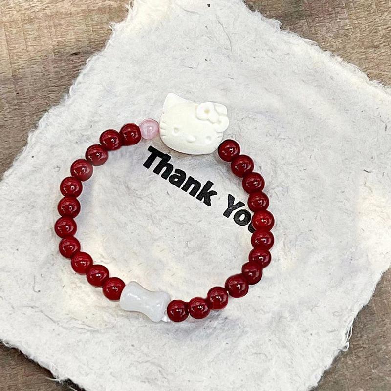 Chinese Style Cartoon Cinnabar Beaded Bracelet Kawaii Vintage Stacked Beaded Bracelet Bangle Holiday Gift