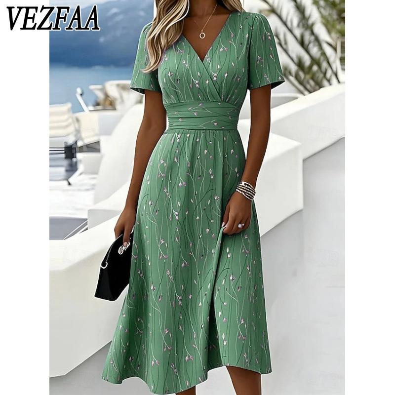 VEZFAA Abiti casual a vita alta con scollo a V a maniche corte primavera estate moda donna