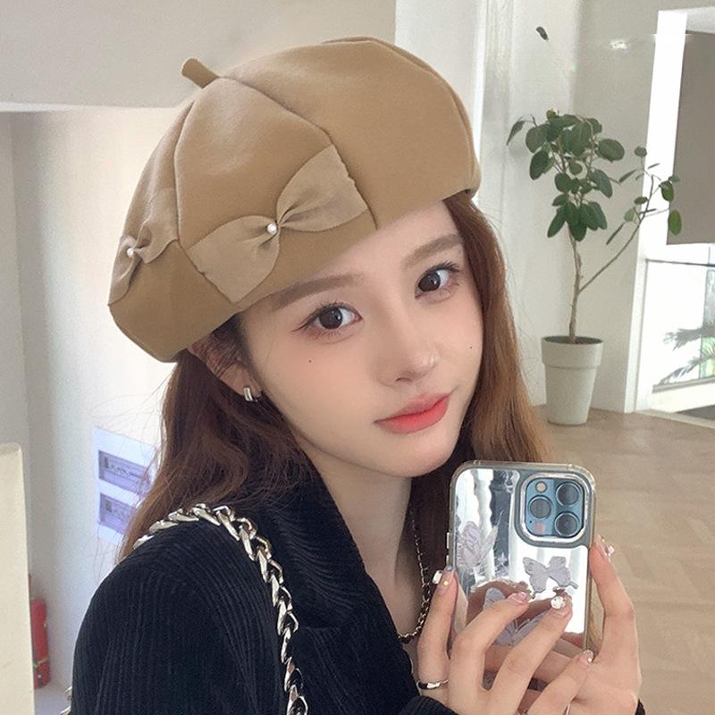 Bow Hat Women'S Spring And Autumn Beret Versatile Solid Color Bud Hat Sweet Japanese Painter Hat Tide