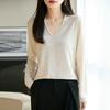 Elegant V-Neck Wool Sweater: Neck-protecting, 16-gauge Fine-spun, Long-sleeve, Versatile Base Layer for Autumn and Winter.