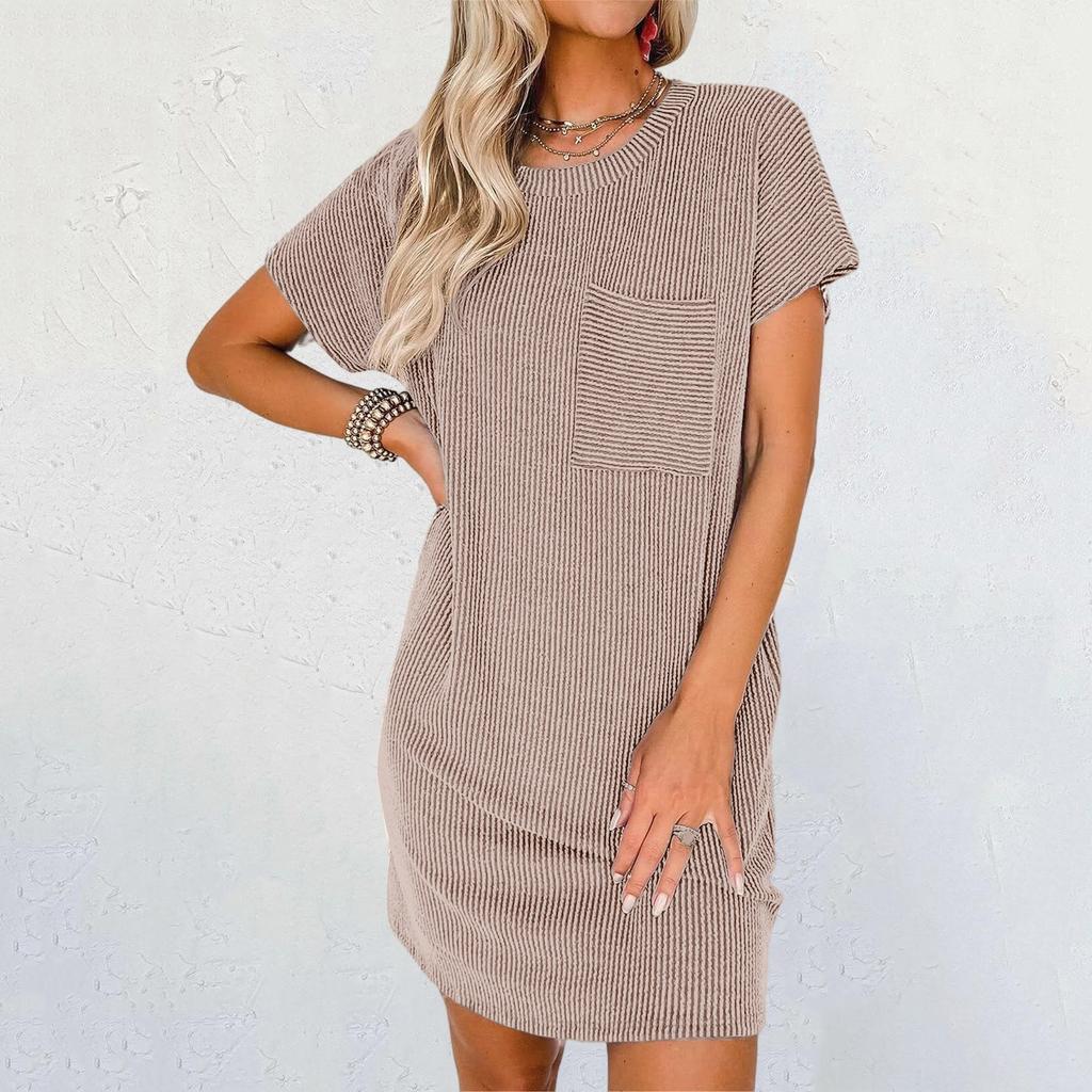 Women's Casual Fashion Color Strip Short-sleeve Pocket Dress