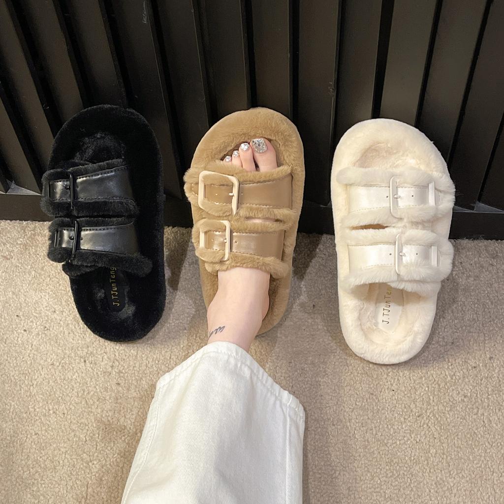 Thick-soled fluffy slippers women's 2025 new autumn and winter high-end outer wear fluffy home cotton drag women's shoes