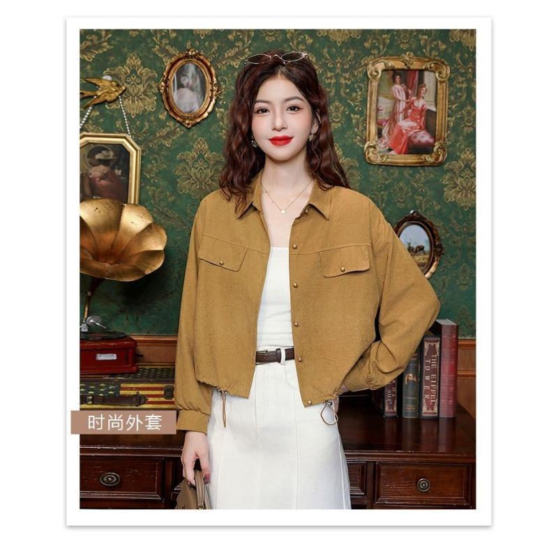 Women's Casual Beige Button Up Drawstring Hem Long Sleeve Shirt Jacket