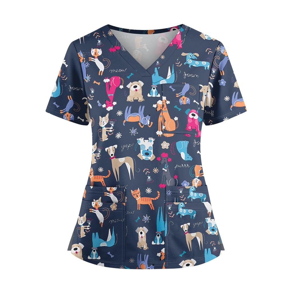 Velká velikost Potištěná srubová pracovní uniforma pro ženy s překříženým výstřihem do V Halloween potisk Zábavná trička s krátkým rukávem Pracovní oblečení Tričko s kapsami