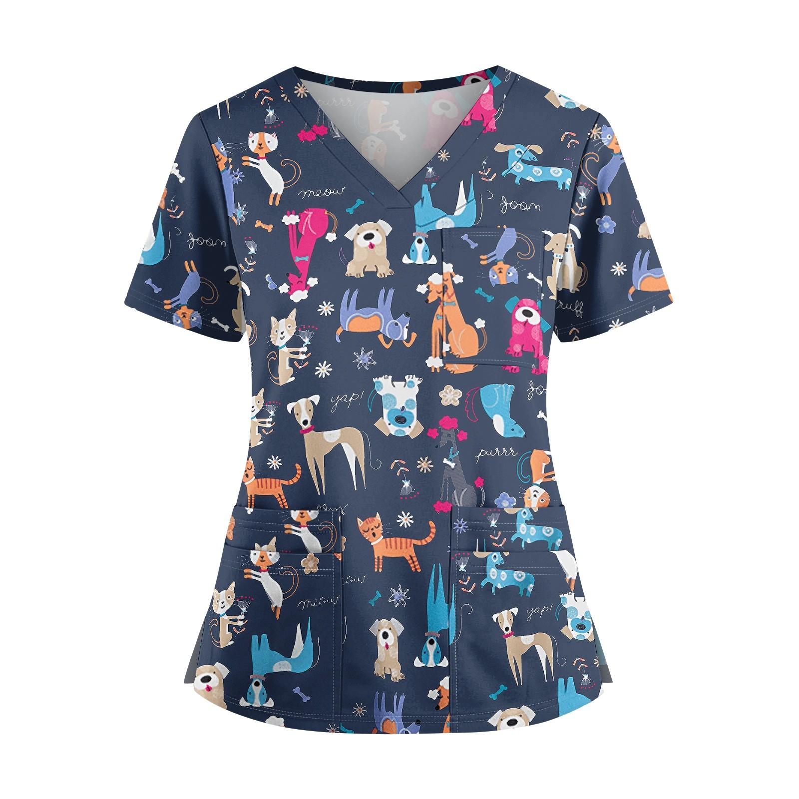 

Плюс размерСкраб с принтом Рабочая форма Топы для женщин Крест V-образным вырезом Хэллоуин Принт с короткими рукавами Забавные футболки Спецодежда Футболка с карманами M