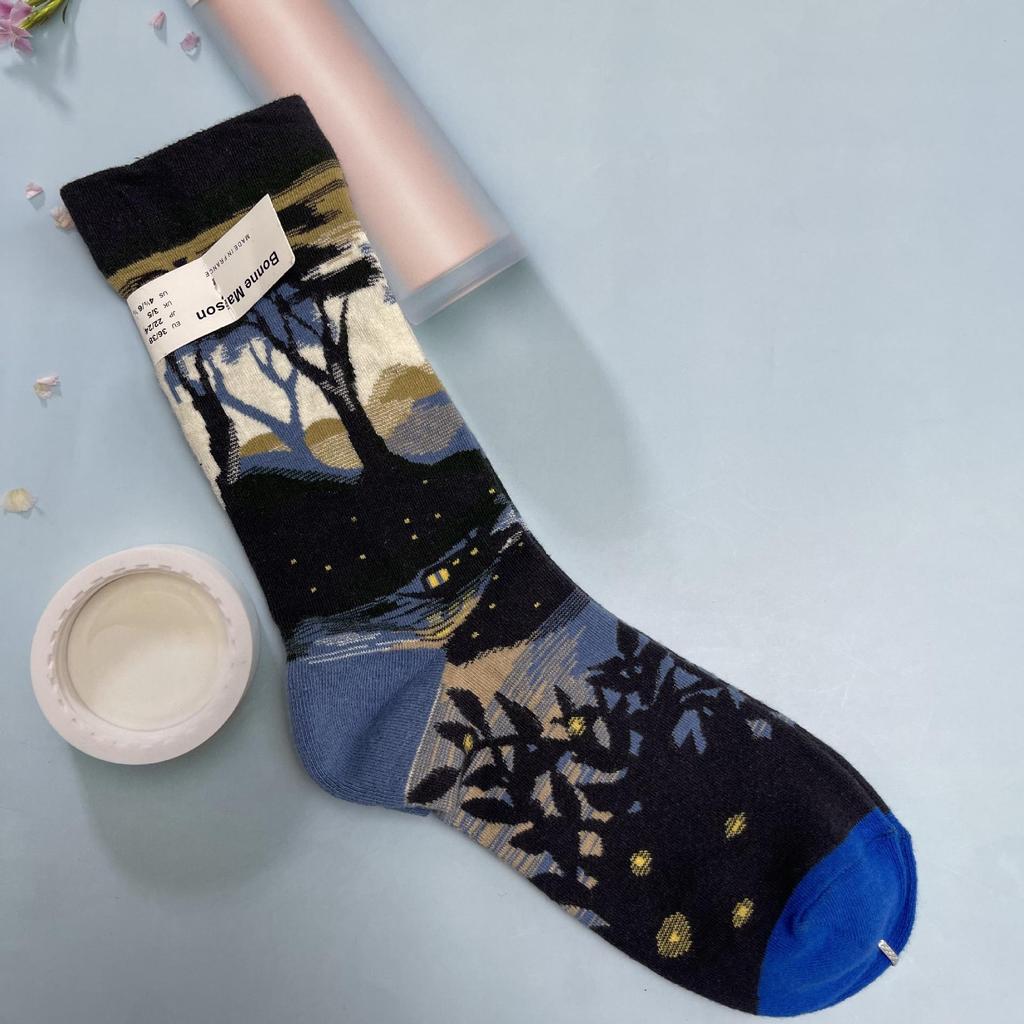 Bonne Maison: Retro-Ölgemälde-Socken für Damen, mittelhoch, luxuriös, französisch, bis zur Wade