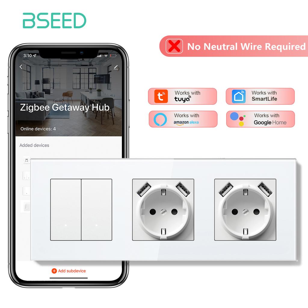 BSEED Zigbee Click Switch Modules No Need Neutral Wire Light Part Smart Sockets DIY Combination 86mm Glass Frame ST TV Cat6 Key