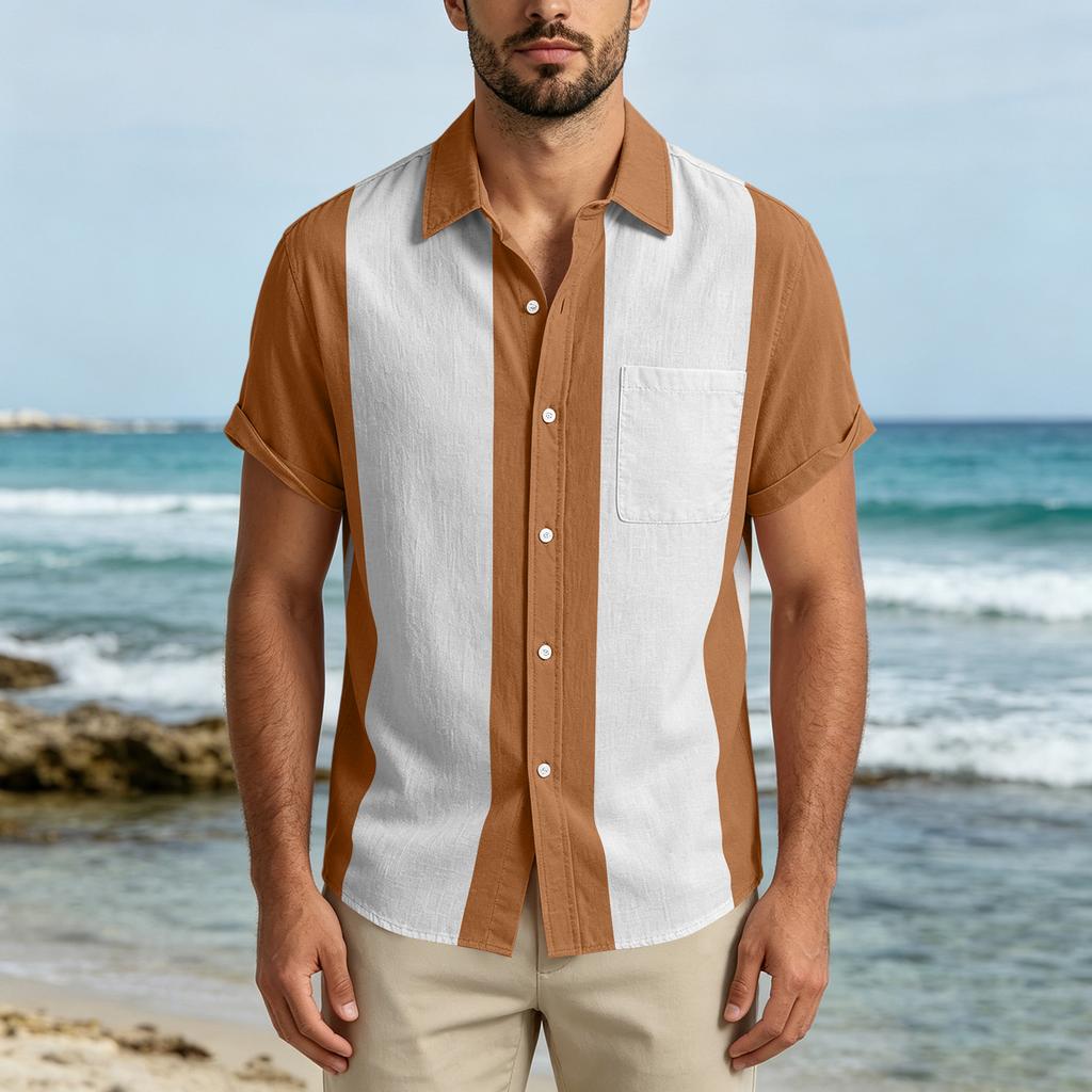 Men Short Sleeve Casual Button Down Shirt Relaxed Fit Lightweight Fabric Vertical Stripe Pattern Lapel Collar Pocket Design