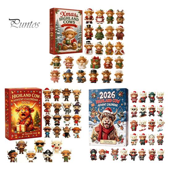 Countdown to Christmas 24 Days 3D Highland Cow Advent Calendar 2026, Festive Gift Box with Cute Farm Cattle Mini Figurines for Holiday Desk Ornaments