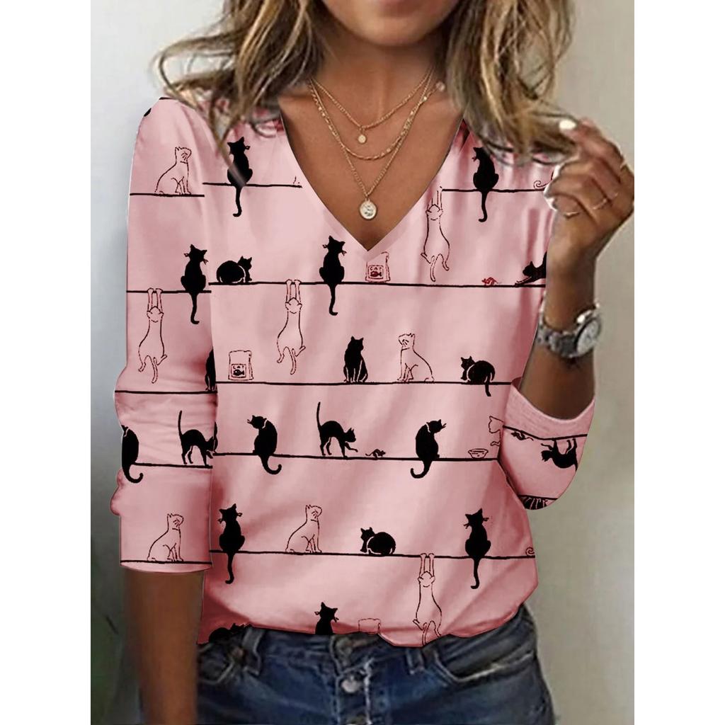 V-neck 3D Printed Cat Pattern Top Fashionable Casual Long Sleeved Women's T-shirts