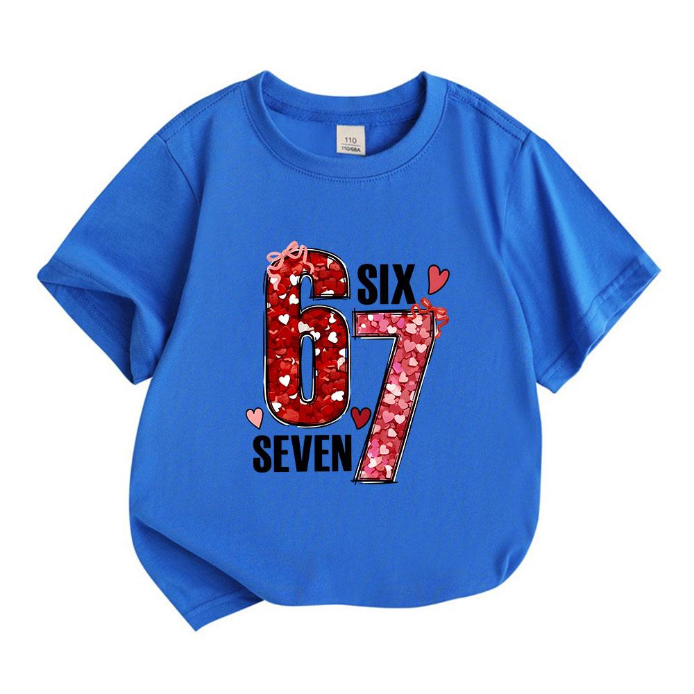 Kids Boys Girls 100% Cotton Crew Neck Short Sleeve T-Shirt, Cute 67 Six Seven Heart Pattern Valentine Themed Casual Soft Tee for Children Daily Wear