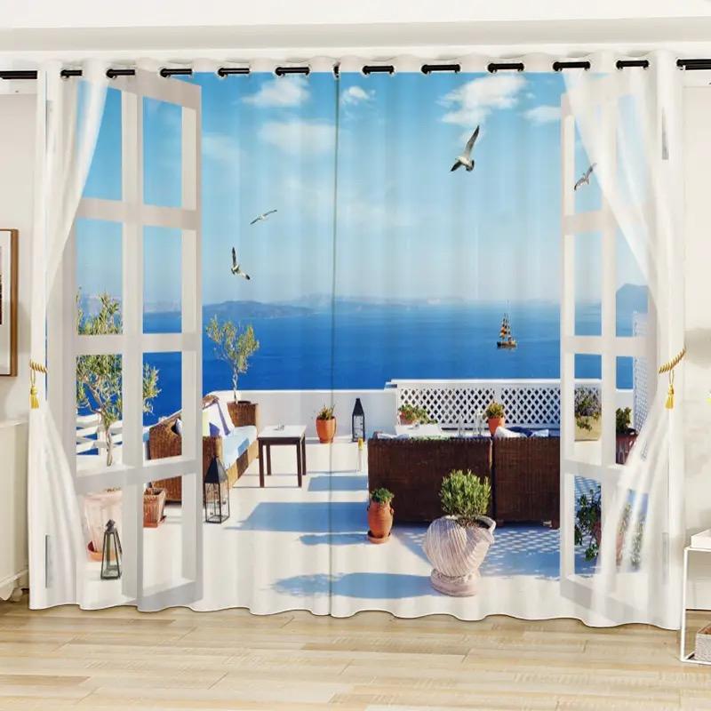 2Panel Blue Sea Curtain Sea Window View Printed Curtain for Bedroom Living Room Floor-to-ceiling Window Kitchen Small Size Drape