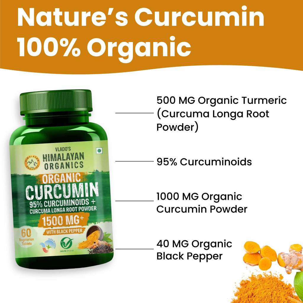 Vlados Himalayan Organics Bio-Kurkuma-Tabletten 1500 mg+ mit schwarzem Pfeffer 60 pflanzliche Tabletten für Erwachsene