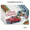 Set of 4 Placemats Featuring a Cozy Christmas Red Truck Snow Scene Design, Measuring 12 Inches by 18 Inches, Suitable for Decorating Dining Tables In