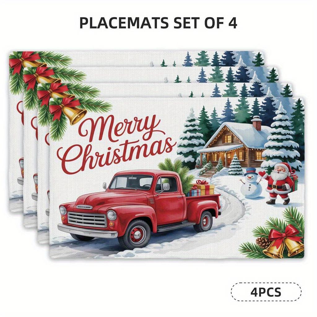 Set of 4 Placemats Featuring a Cozy Christmas Red Truck Snow Scene Design, Measuring 12 Inches by 18 Inches, Suitable for Decorating Dining Tables In