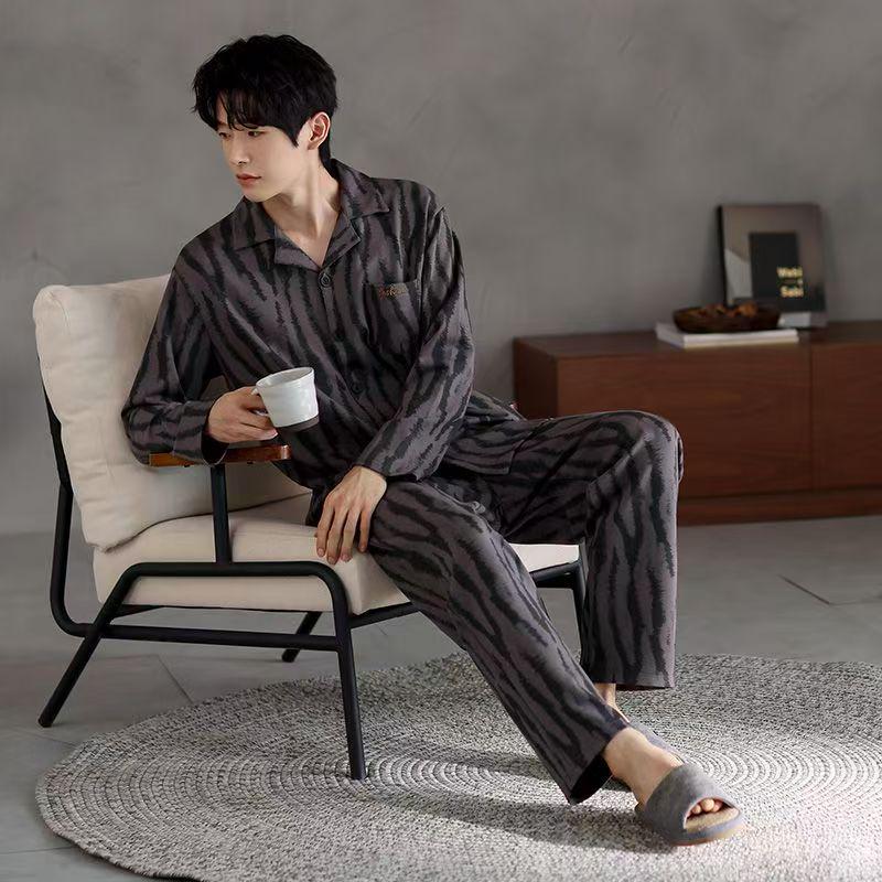 Men's Plus Size Pure Cotton Long Sleeve Pajamas Set for Spring, Autumn, and Winter