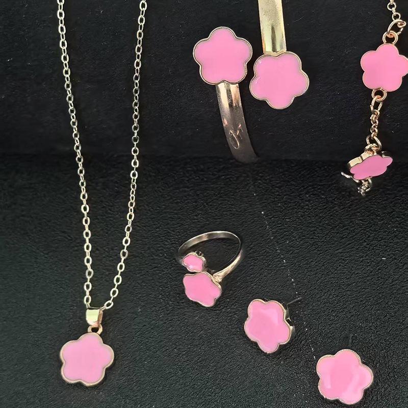 European Elegance: Five-Petal Flower Jewelry Set (Necklace, Bracelet, Bangle, Earrings, Ring)