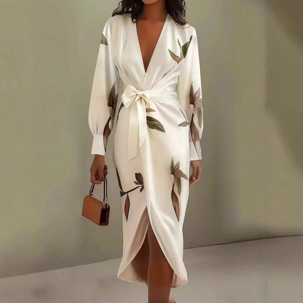 Printed dress women's spring and summer long-sleeved dress new fashion lace-up deep v-neck medium and long dress