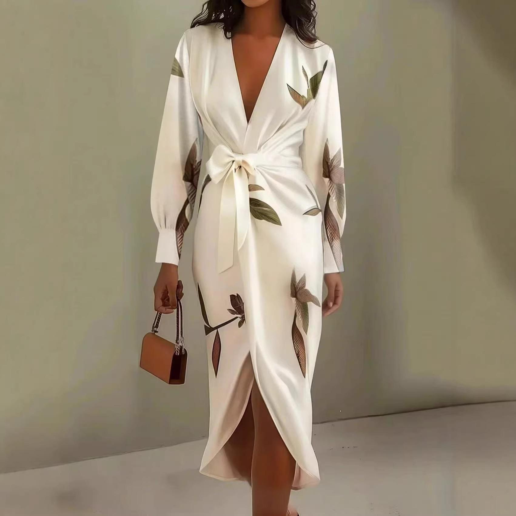 

Printed dress women s spring and summer long-sleeved dress new fashion lace-up deep v-neck medium and long dress XXL небо синє кольору