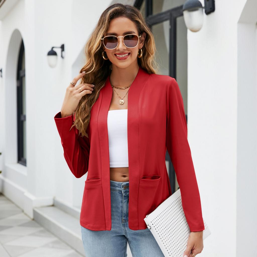 Women's Lightweight Casual Long Sleeve Cardigan with Pockets Color Open Front Top