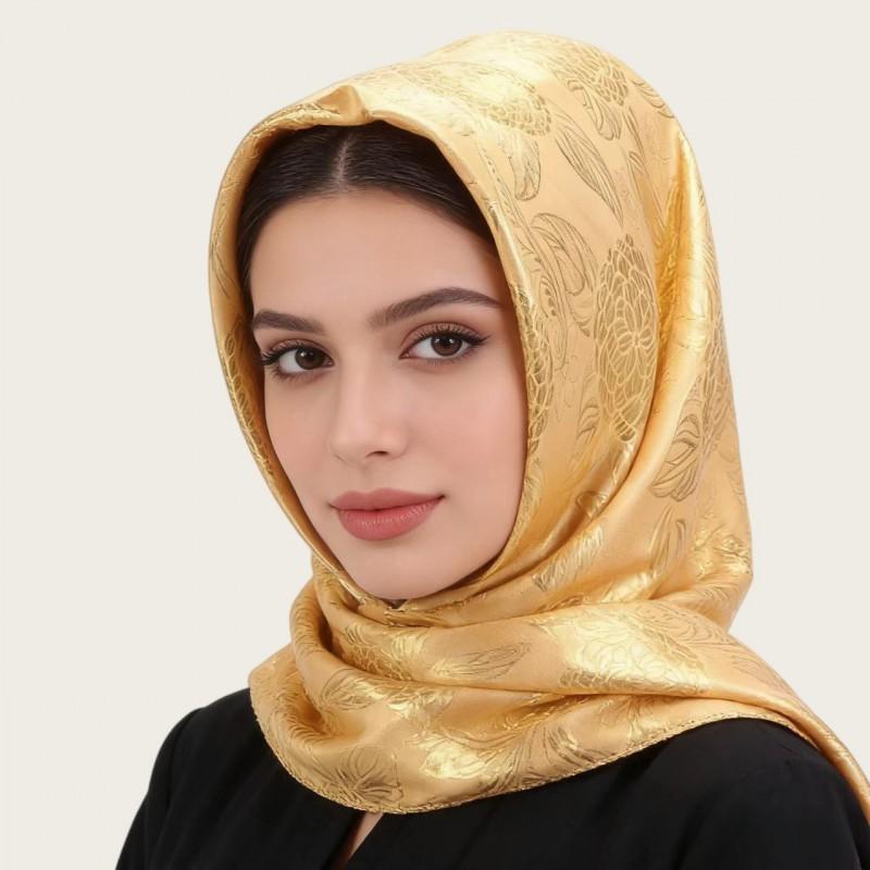 Silk Floral Jacquard Square Scarf Women Winter UV Protection Headwrap Lightweight Stylish Wrap