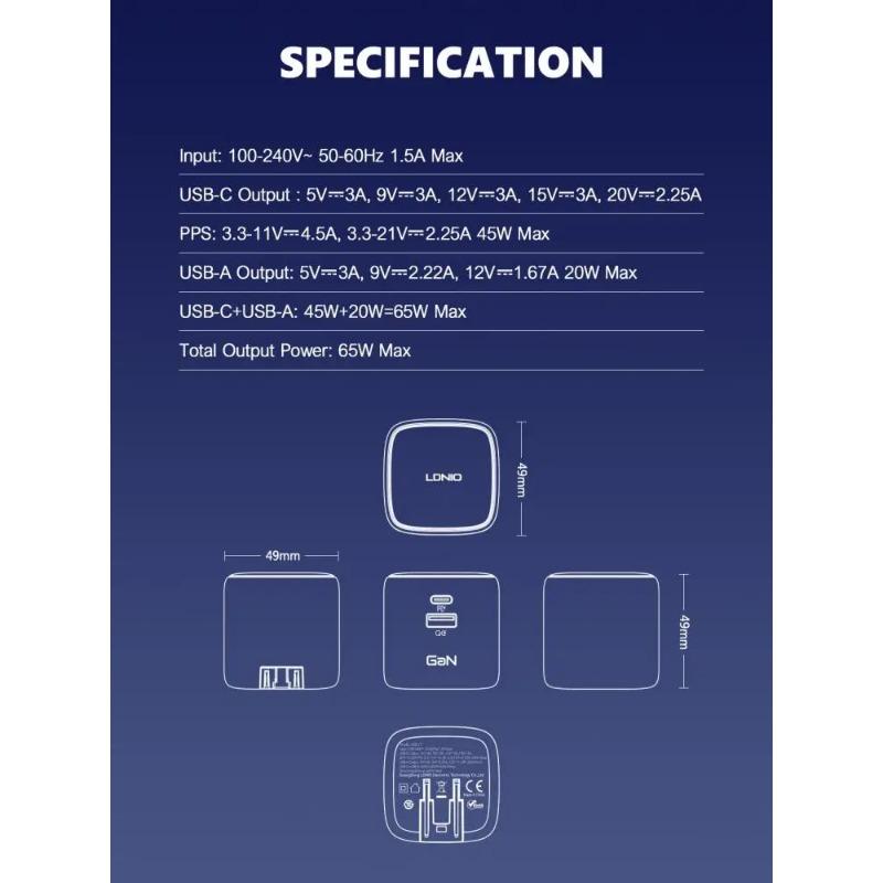 Gan 65w Fast Charger Type C Us Uk Eu Plug High Speed Charger For Iphone 16 Xiaomi 14 Oneplus Portable Charge Fast Charging