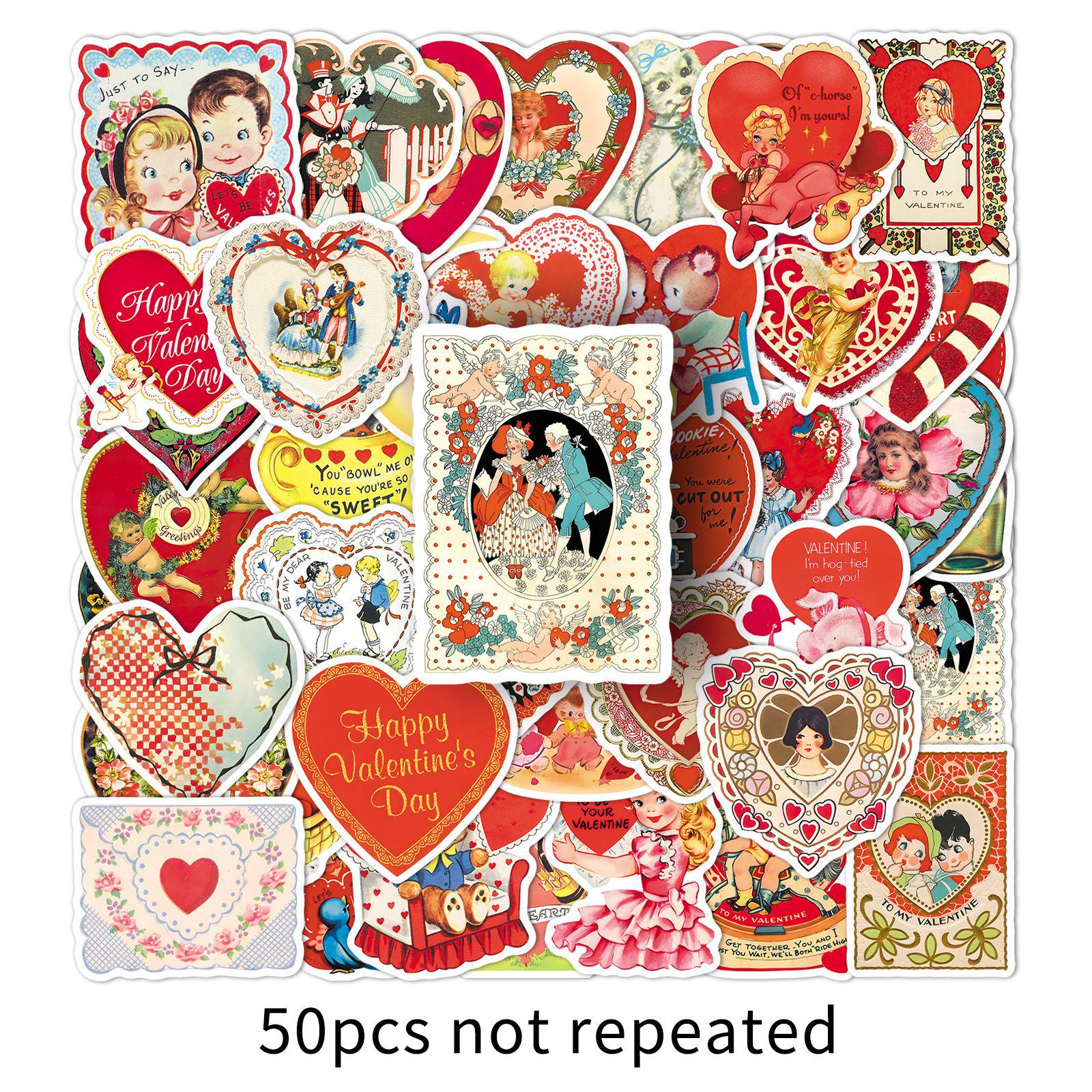 50 Retro Valentine s Day American-Style Victorian Heart Stickers - Waterproof Decorative for Cards & Planners