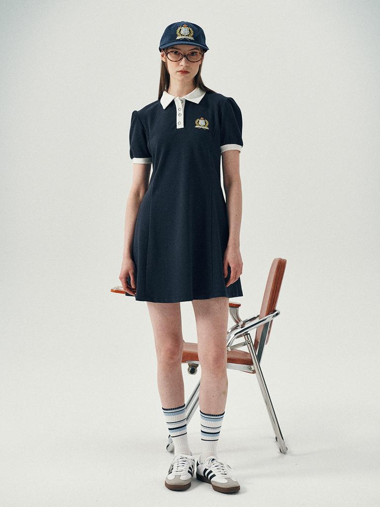 Olinkeompeulliteu Puff Flare Pique Dress (Navy)