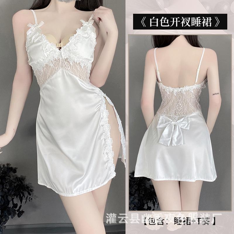Thin Women's Sexy Lingerie Deep V Temptation Side Split Embroidery Suspender Nightdress Tie