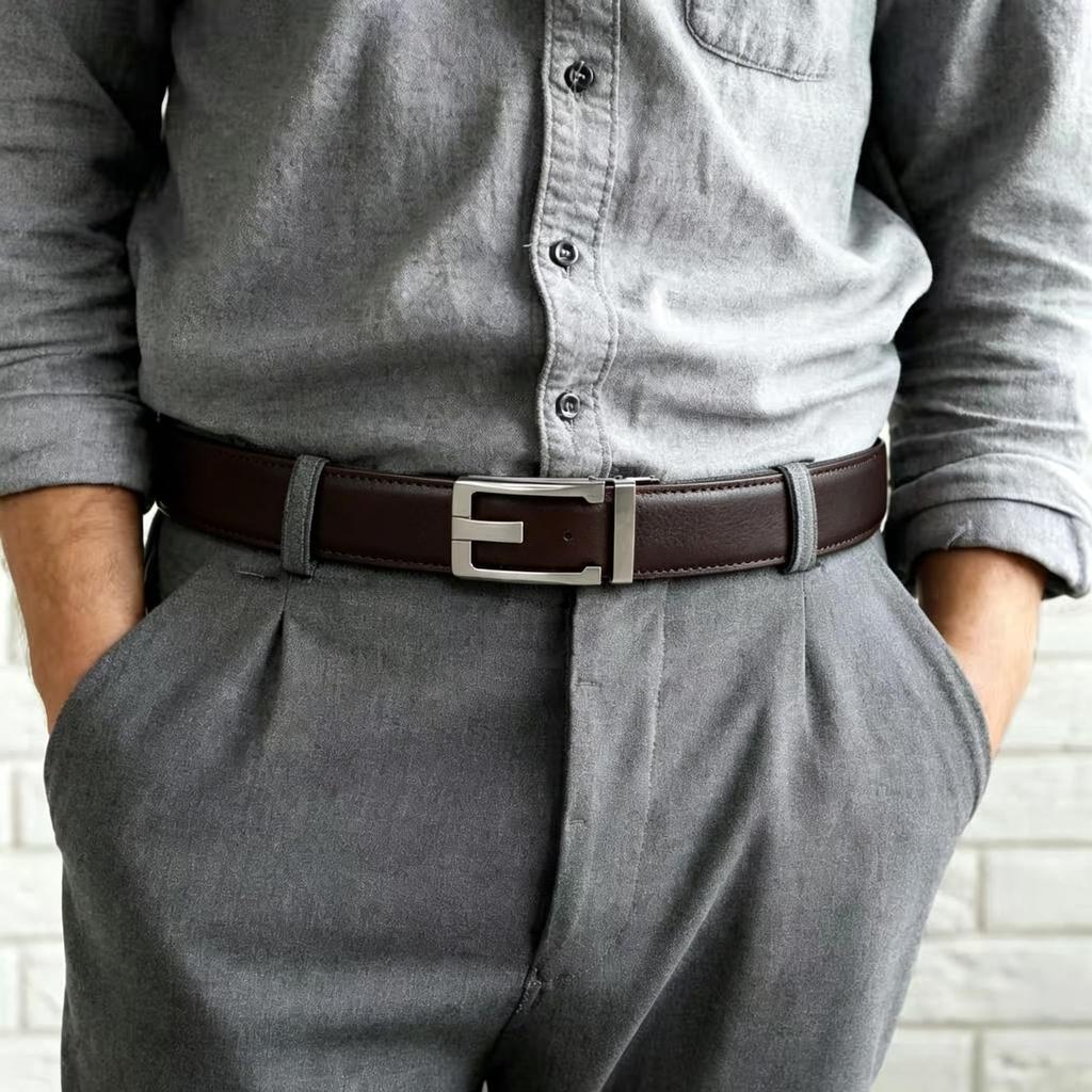Men's Genuine Leather Belt, Ratchet Type, Auto-Lock, Holeless, Infinitely Adjustable, Business Suit Belt, Gentleman's Belt