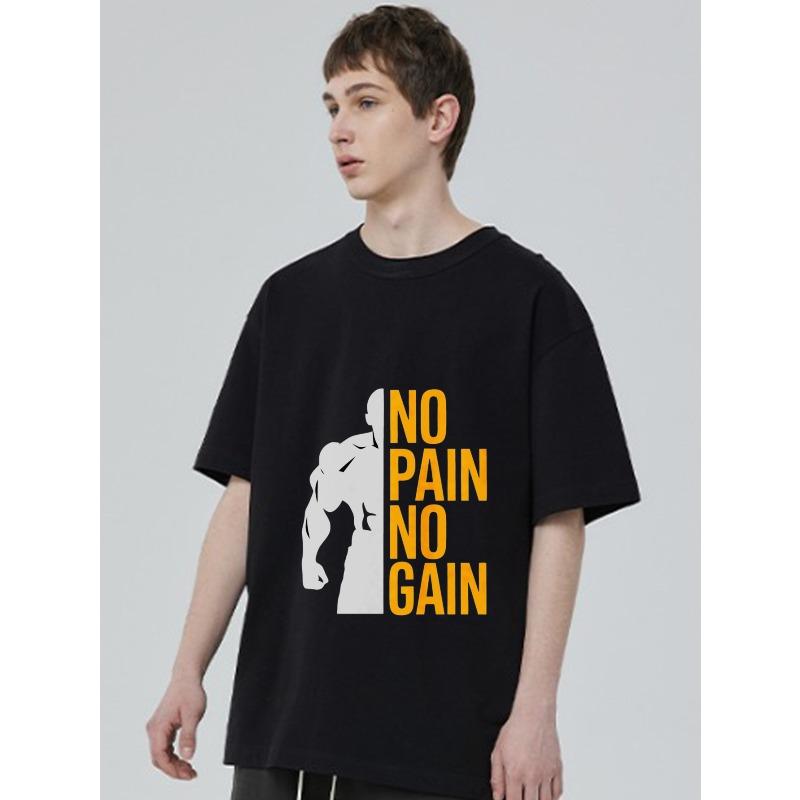 Black T-Shirt No Pain No Gain Muscular Man Graphic Gym Workout Fitness Motivation Shirt for Men and Women Casual Wear Sportswear