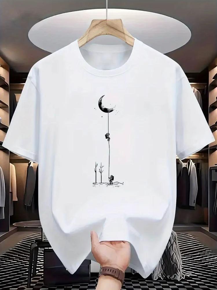 

Summer Men s 100% Pure Cotton Casual Loose Fit Plus Size Moon Landing Pattern Printed Round Neck Short Sleeved T-shirt Top S разноцветный