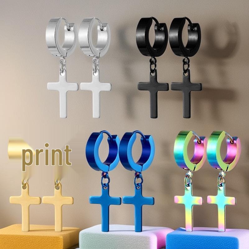 Stainless Steel Cross Pendant Earrings - European & American Fashion, Hip Hop Punk Style, Short Stud Design