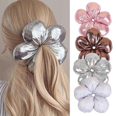 Koreanischer Übertriebener Übergroßer Silbriger Schwarzer Blume Scrunchie Kopfschmuck Frauen Mädchen Trendiges Design Elastisches Haarband Accessoires
